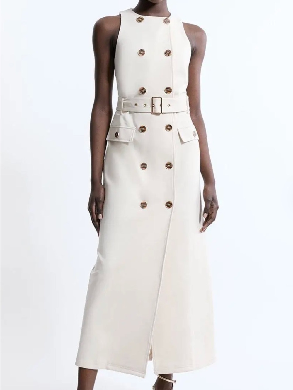 Karen Millen Cream Double-Breasted Sleeveless Maxi Dress with Belt